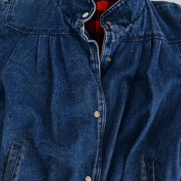 Vintage Denim Trucker Jacket Red Black Checker Flannel Lined Button Up Jacket L - Picture 10 of 13